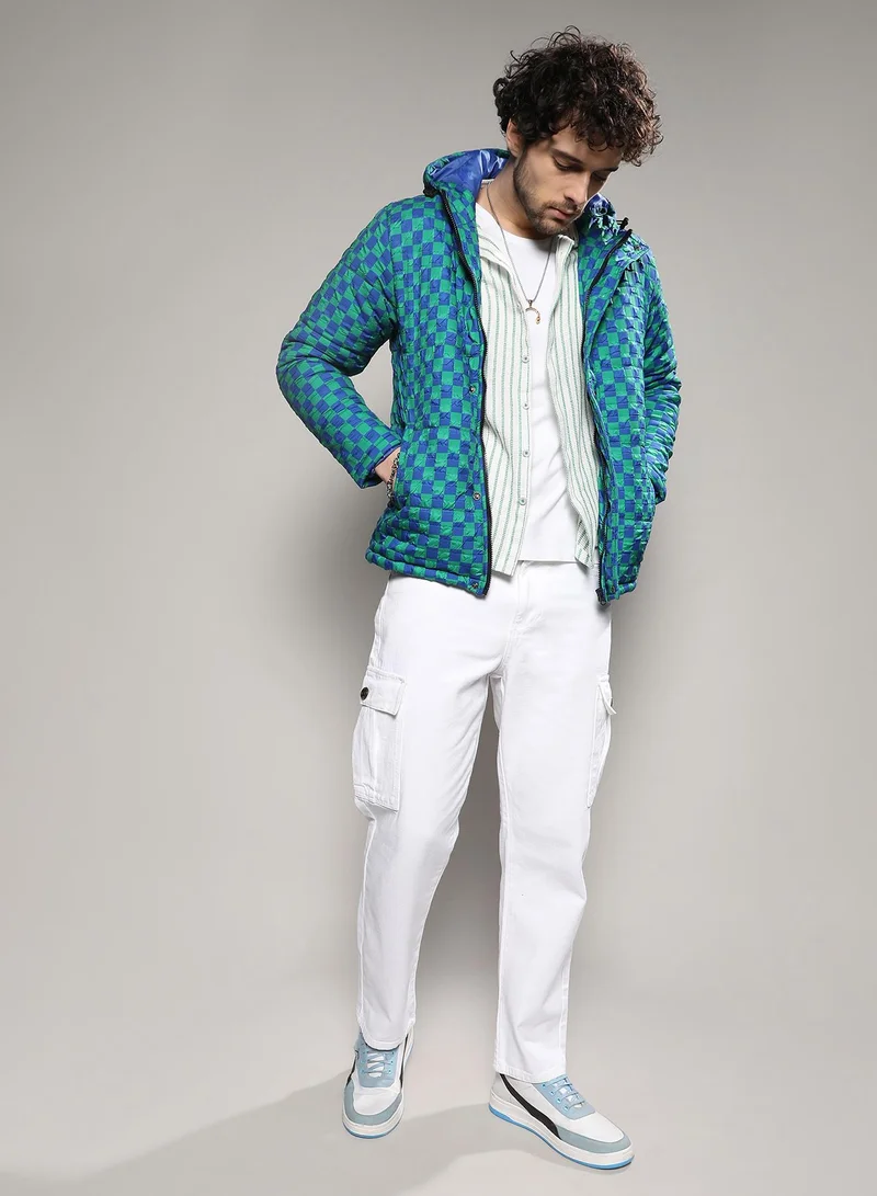 Campus Sutra Men's Royal Blue & Shamrock Green Micro Buffalo Check Puffer Jacket
