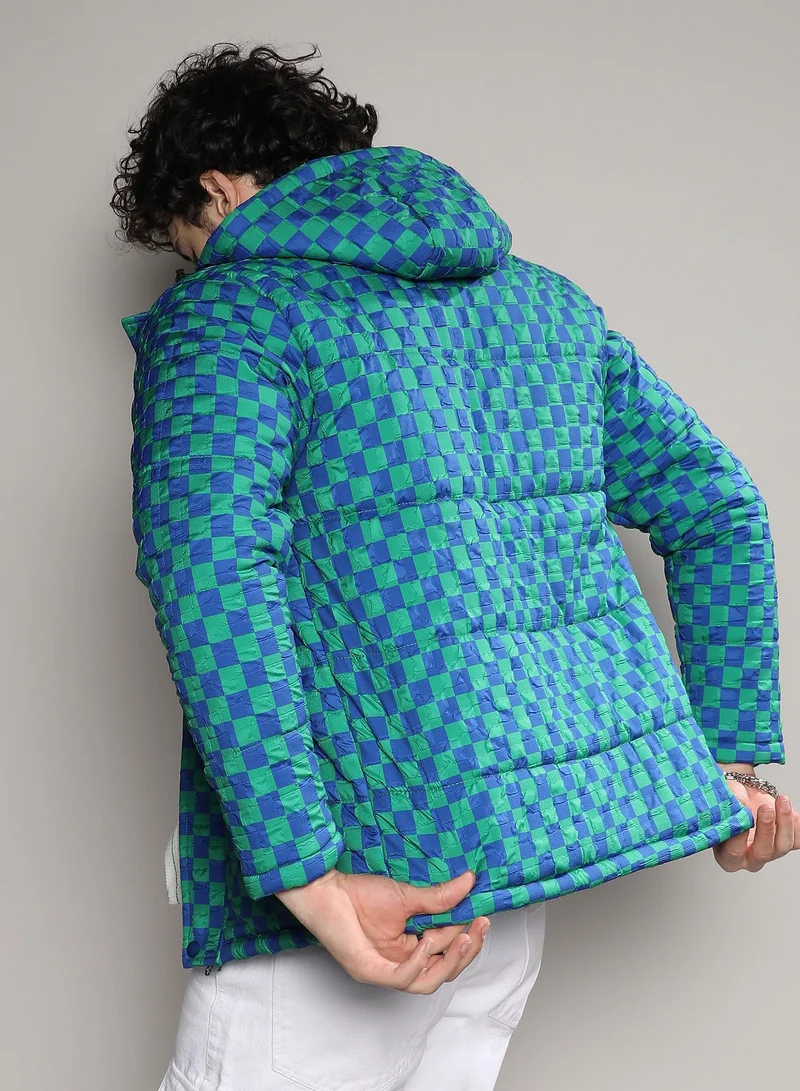 Campus Sutra Men's Royal Blue & Shamrock Green Micro Buffalo Check Puffer Jacket