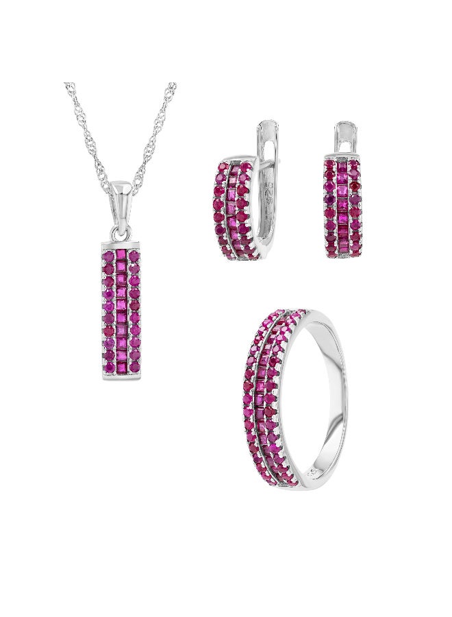 Genuine Ruby Silver Set Ring, Pendant & Earrings (9.06 ct)