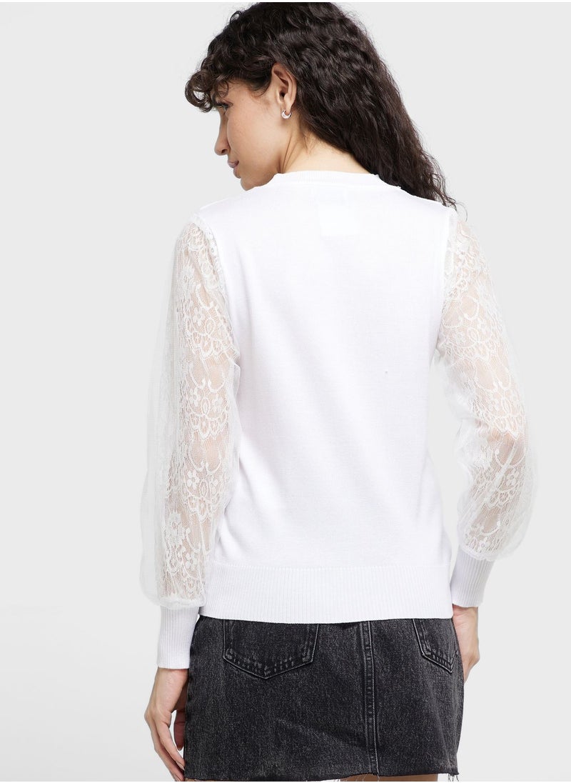 ELLA - Button Detail Sweater With Lace Sleeves - Image 1