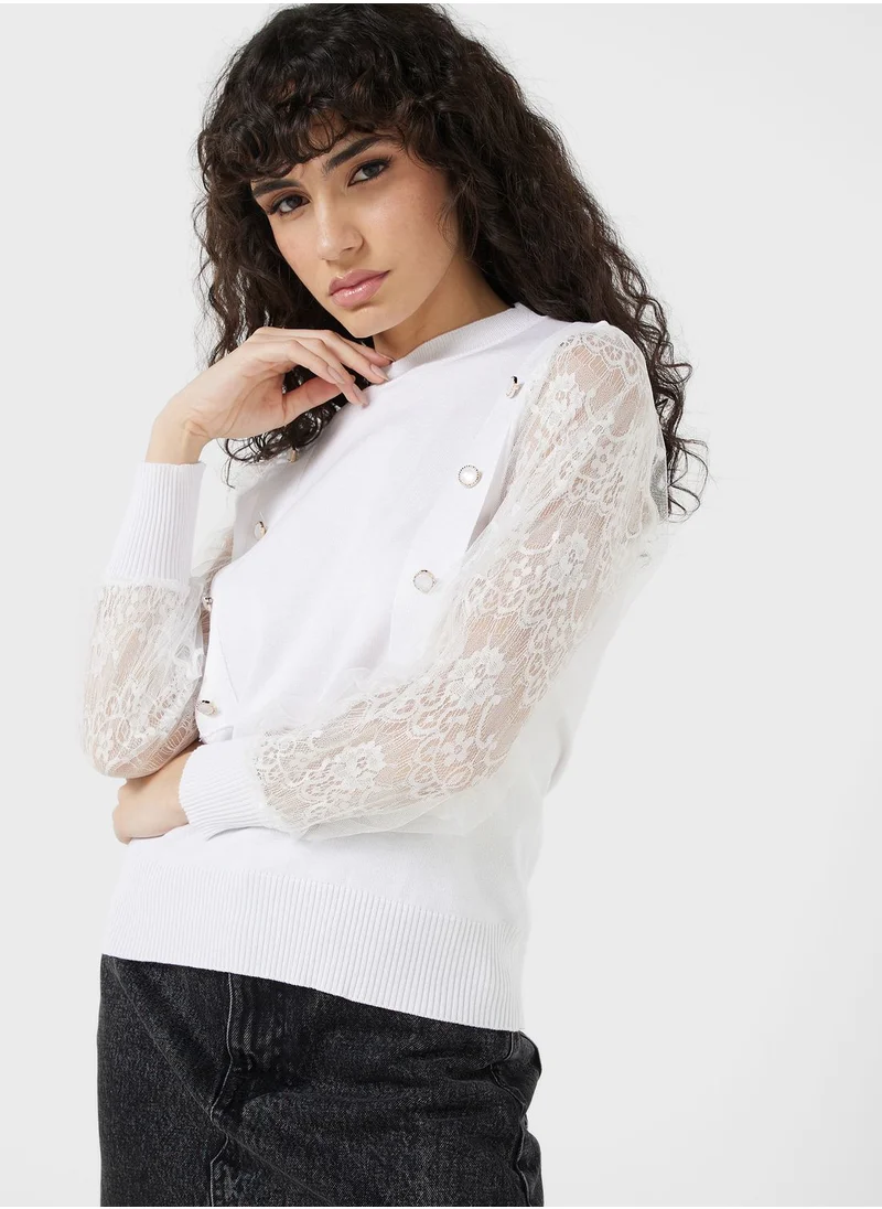 ELLA Button Detail Sweater With Lace Sleeves