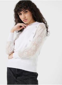 ELLA Button Detail Sweater With Lace Sleeves  - Image 1
