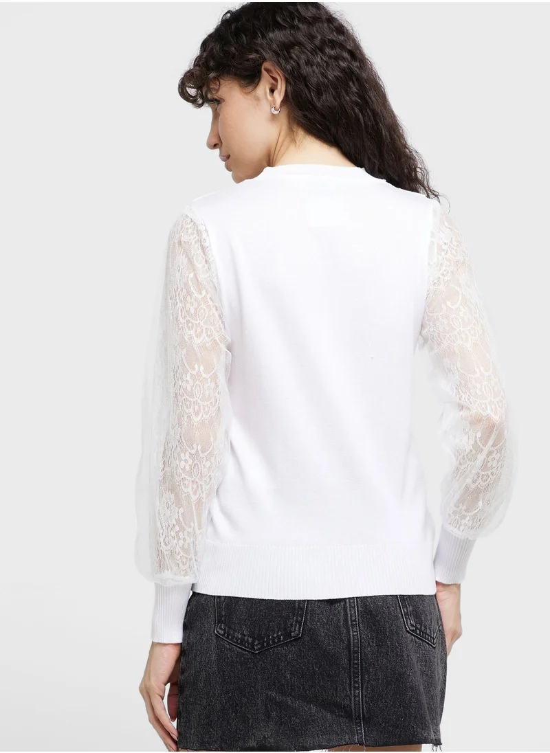 ELLA Button Detail Sweater With Lace Sleeves