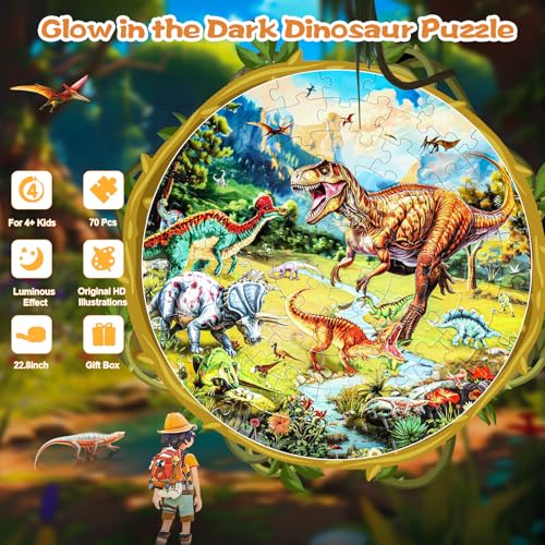 DIGOBAY GlowinTheDark Dinosaur Floor Puzzles for Kids Ages 46 Kids Jigsaw Puzzles Ages 68 70PCS Large Round Dino Educational Puzzle Toys Gifts for 3 4 5 6 7 8 Years Old Boys Girls Children - Image 5