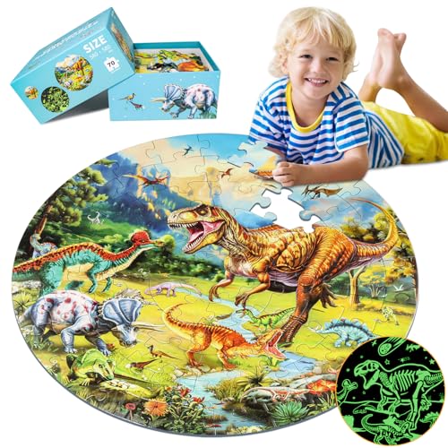 DIGOBAY GlowinTheDark Dinosaur Floor Puzzles for Kids Ages 46 Kids Jigsaw Puzzles Ages 68 70PCS Large Round Dino Educational Puzzle Toys Gifts for 3 4 5 6 7 8 Years Old Boys Girls Children - Image 1