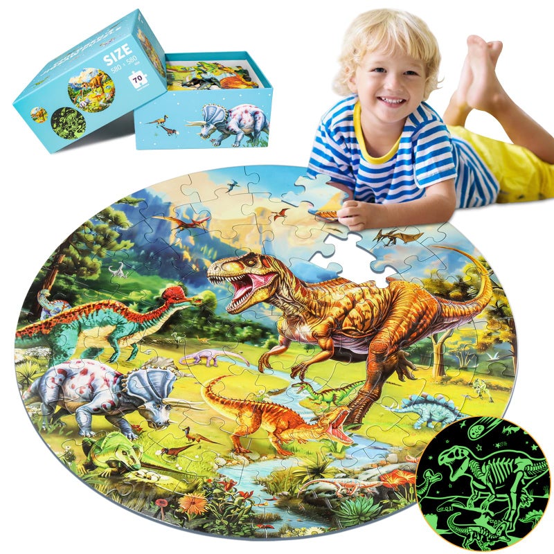 DIGOBAY GlowinTheDark Dinosaur Floor Puzzles for Kids Ages 46 Kids Jigsaw Puzzles Ages 68 70PCS Large Round Dino Educational Puzzle Toys Gifts for 3 4 5 6 7 8 Years Old Boys Girls Children - Image 3