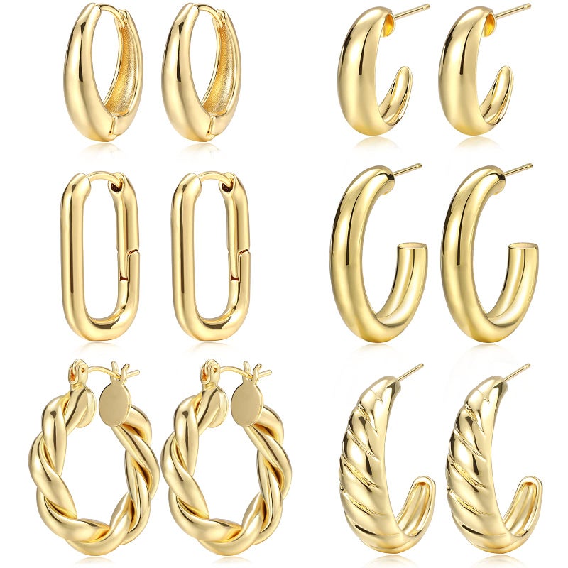 17mile Hoop Earrings Set for Women, 6 Pairs 14K Gold Plated Lightweight Hypoallergenic Chunky Open Twisted Hoops Earrings Pack Jewelry - Image 1
