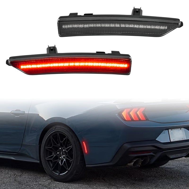 POKIAUTO Rear Red LED Side Marker Lights for Ford Mustang 2024 Smoked Black Back Bumper Lights Reflectors Assembly for 2024 2025 Ford Mustang Accessories 2PCS Red