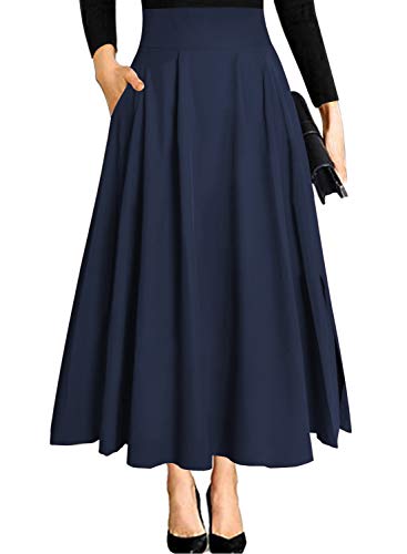 RANPHEE Long Flowy Skirts for Women Navy Blue Maxi Fit and Flare Elegant Dressy Casual Swing A Line Flattering Skirt to Hide Tummy M - Image 1