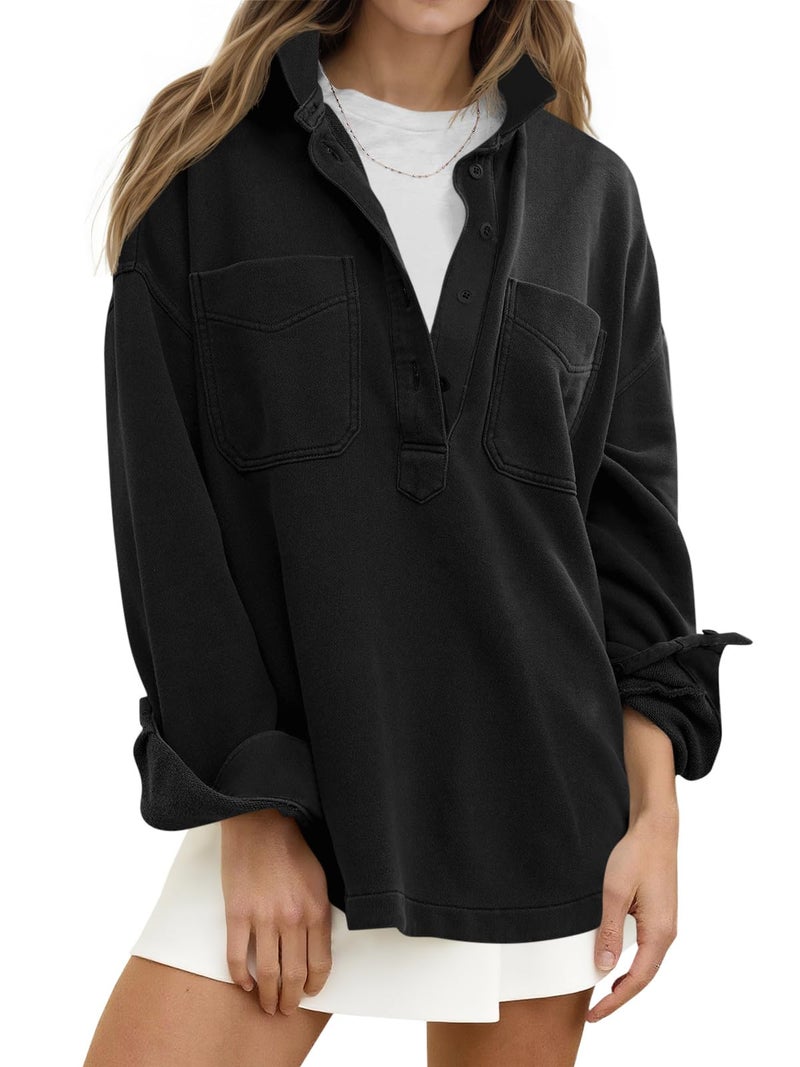 Fisoew Womens Oversized Sweatshirt Casual Long Sleeve Henley V Neck Pullover Tops Fall Outfits Clothes Black - Image 1