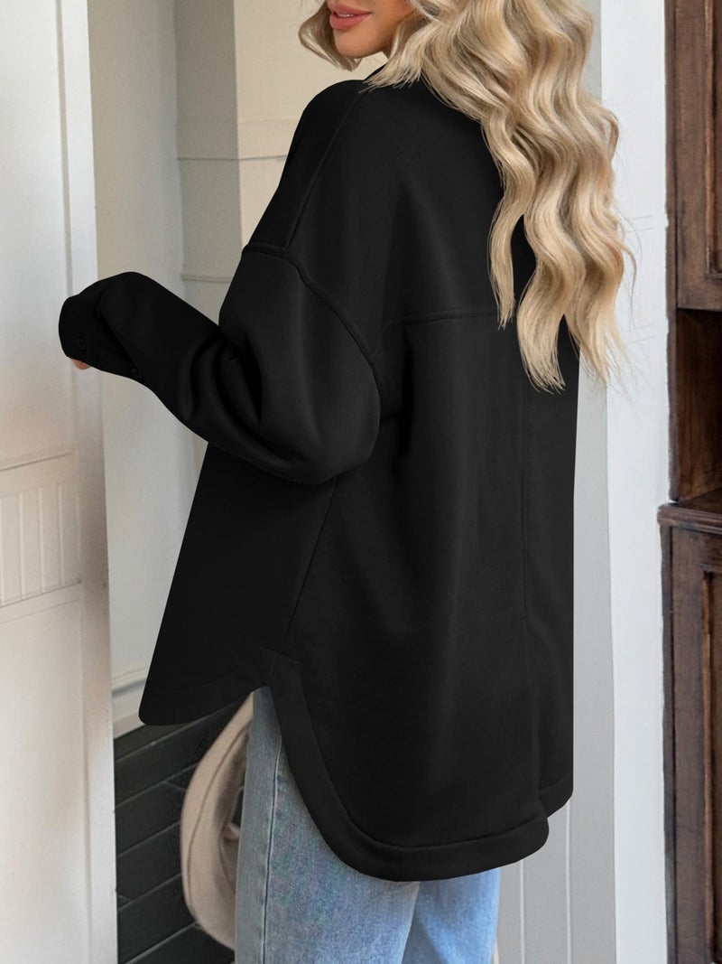 Fisoew Womens Oversized Sweatshirt Casual Long Sleeve Henley V Neck Pullover Tops Fall Outfits Clothes Black - Image 3