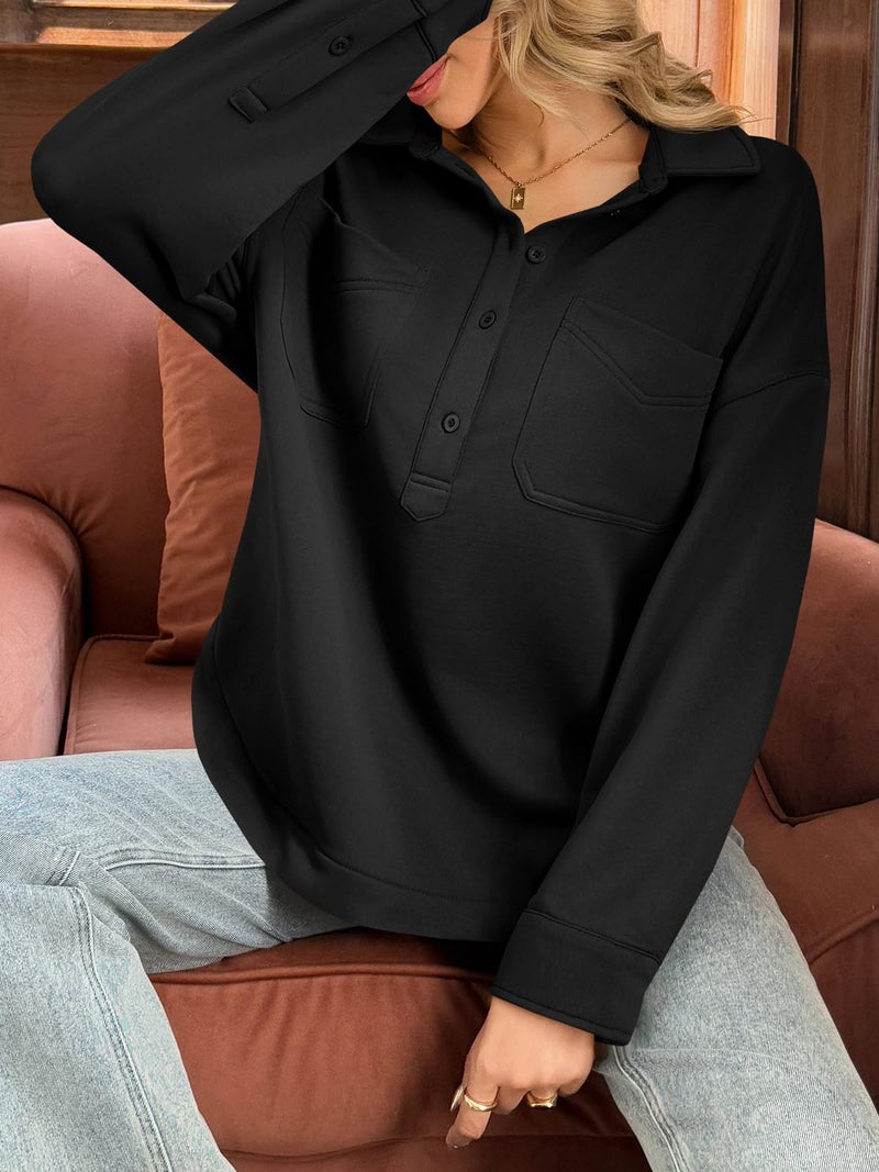 Fisoew Womens Oversized Sweatshirt Casual Long Sleeve Henley V Neck Pullover Tops Fall Outfits Clothes Black - Image 5