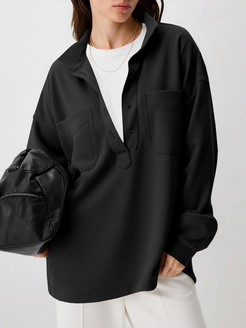 Fisoew Womens Oversized Sweatshirt Casual Long Sleeve Henley V Neck Pullover Tops Fall Outfits Clothes Black - Image 2