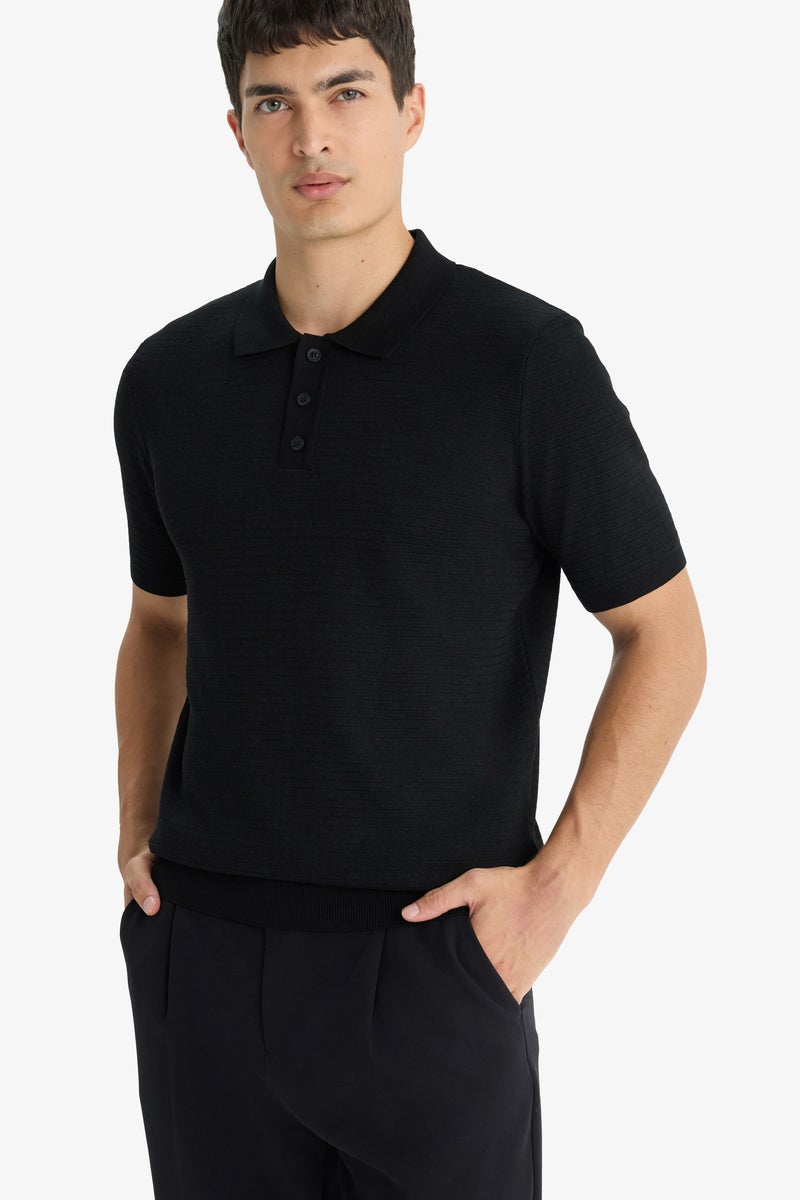 DeFacto Black Man Standard Fit Polo Neck Knit Short Sleeve T-Shirt Casual - Image 1