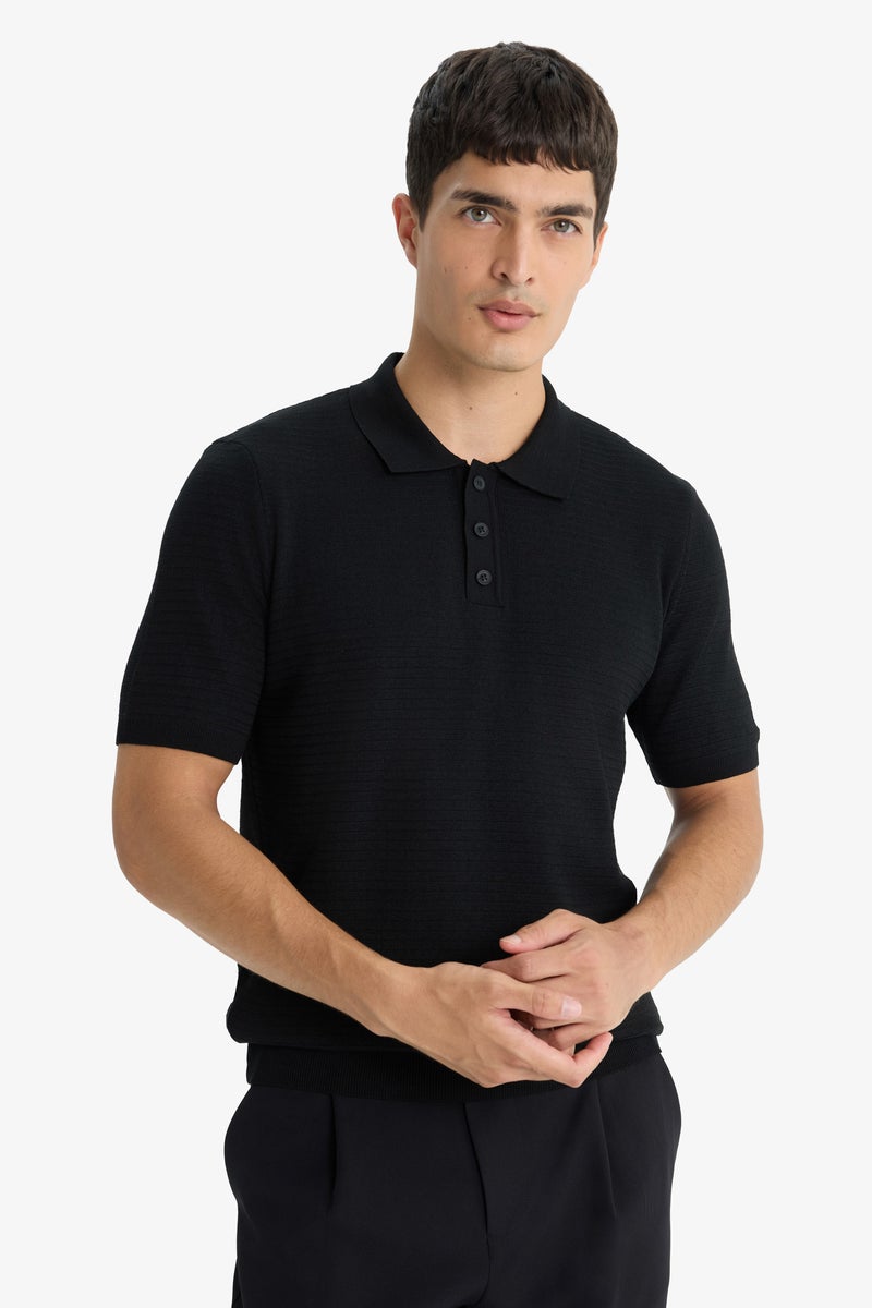 DeFacto Black Man Standard Fit Polo Neck Knit Short Sleeve T-Shirt Casual - Image 4