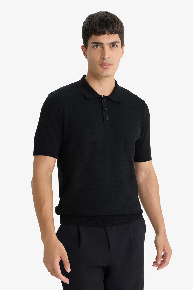 DeFacto Black Man Standard Fit Polo Neck Knit Short Sleeve T-Shirt Casual - Image 3
