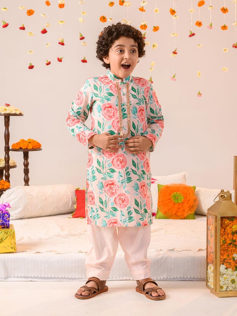 Pspeaches Boys Floral Printed Pure Cotton Kurta with Pyjamas - Image 2