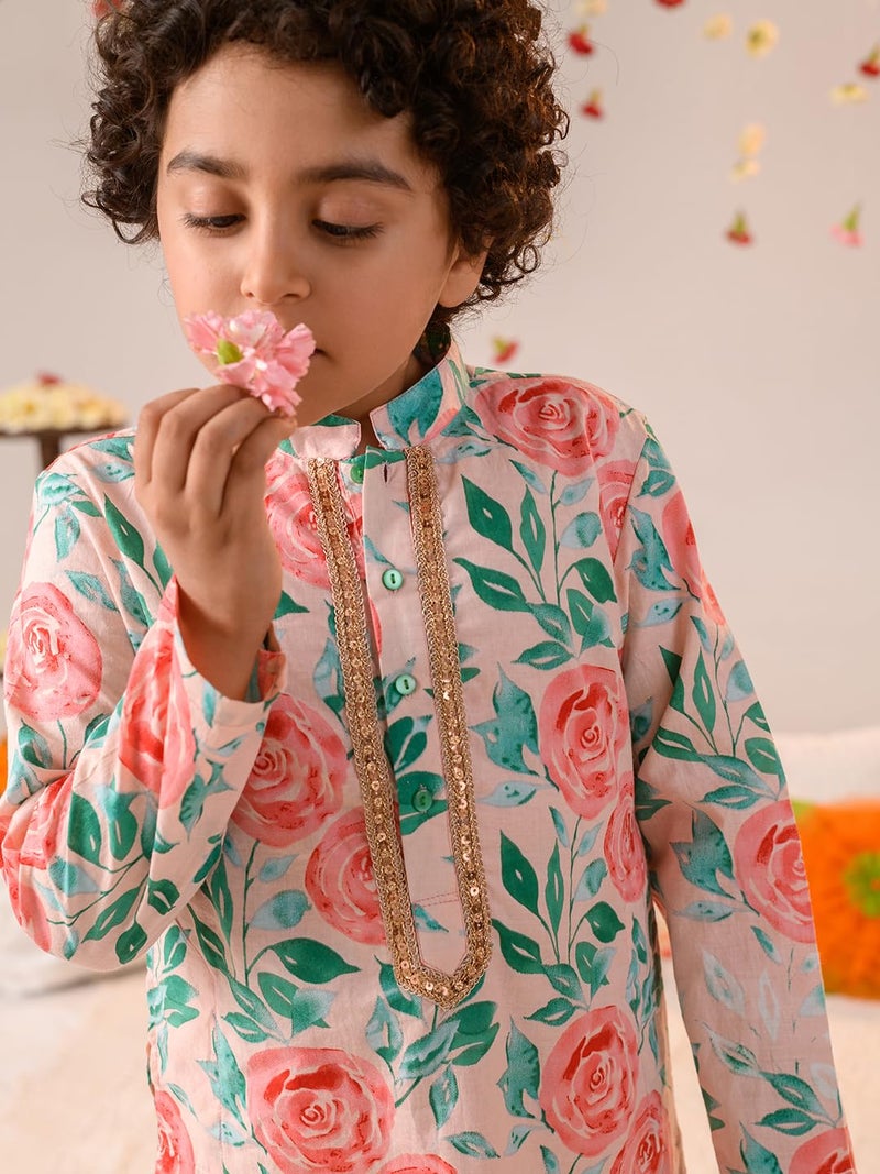 Pspeaches Boys Floral Printed Pure Cotton Kurta with Pyjamas - Image 3