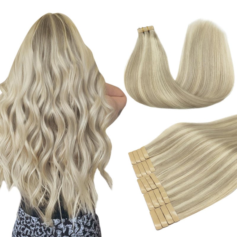 DOORES Human Hair Extensions Tape in Hair Ash Blonde Highlighted Platinum Blonde 22 Inch 50g 20pcs Hair Extensions Tape in Real Hair Extensions Straight Hair Extensions - Image 2