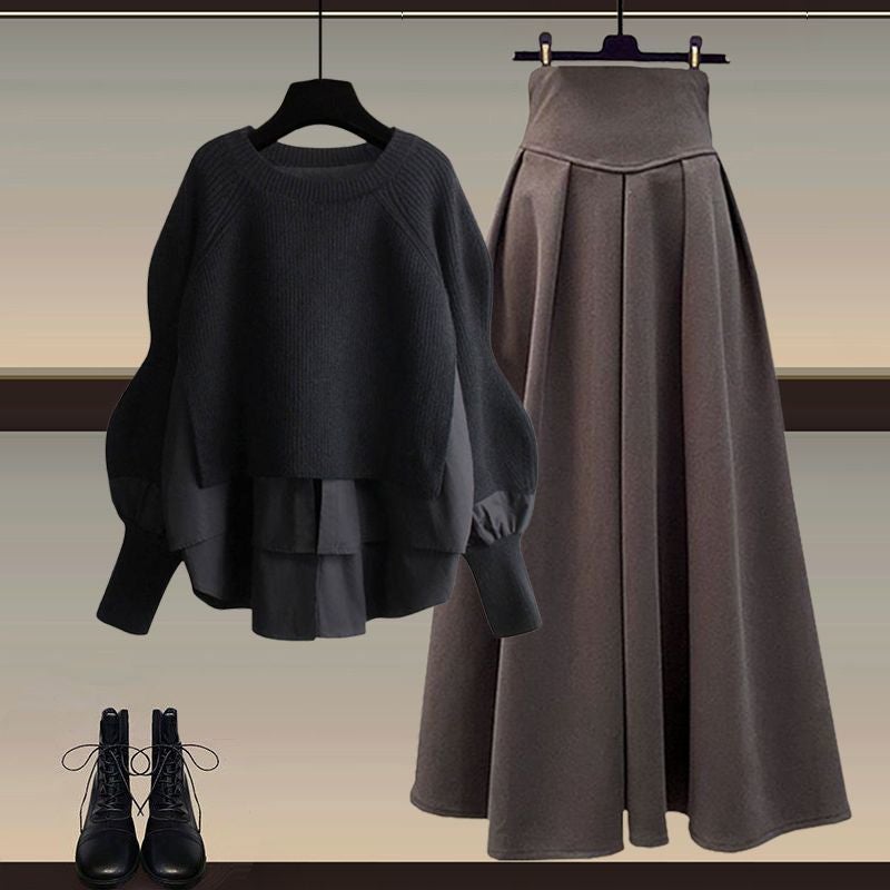 Autumn and Winter Outfits, a Complete Set of New Design Korean Style Fake Two-Piece Shirts for Women, Slimming Skirts M360 brown skirt single piece