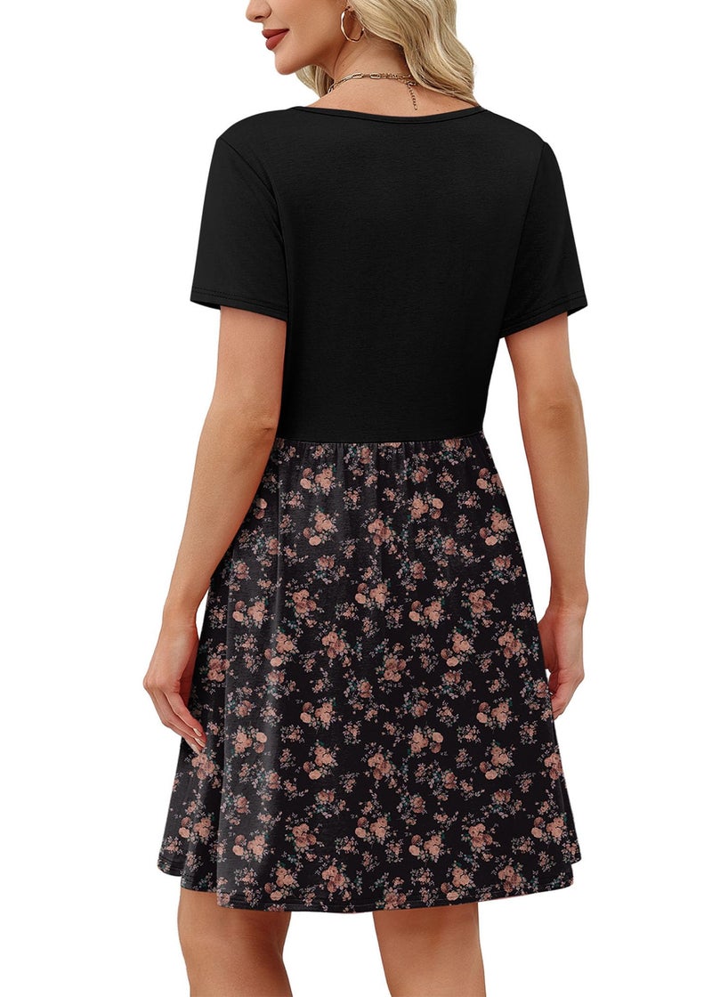 OFEEFAN Casual Summer Dresses for Women 2026 Square Neck Short Sleeve Beach Vacation Sundress Floral Black Orange Elegant Classy Floral Black Orange XL - Image 5