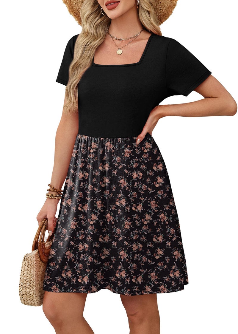 OFEEFAN Casual Summer Dresses for Women 2026 Square Neck Short Sleeve Beach Vacation Sundress Floral Black Orange Elegant Classy Floral Black Orange XL - Image 4