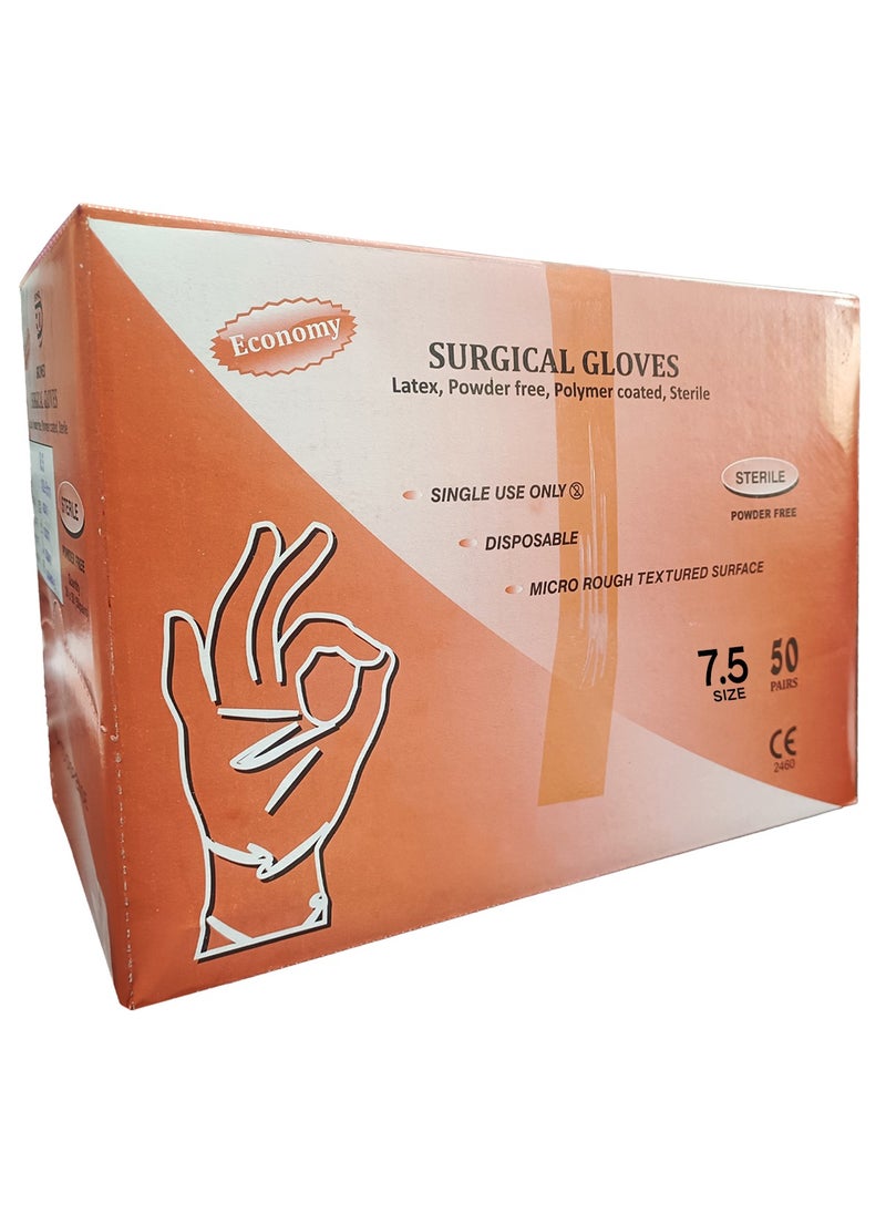 King Mariot Pack of 50 Sterile Surgical Gloves | Different Sizes | Latex, Powder-Free, Polymer Coated, Sterile Size 7.5 