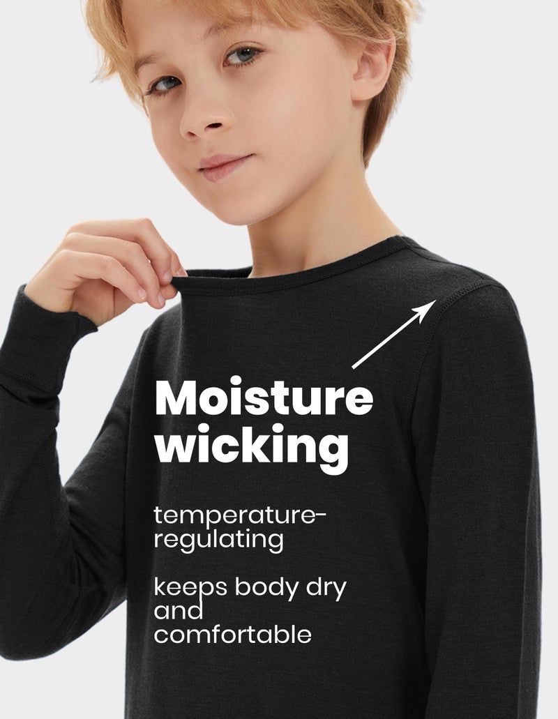 Iguana Unisex Kids 100% Merino Wool Base Layer Set Lightweight Thermal Underwear Sets for Girls and Boys Black 11-12 - Image 3