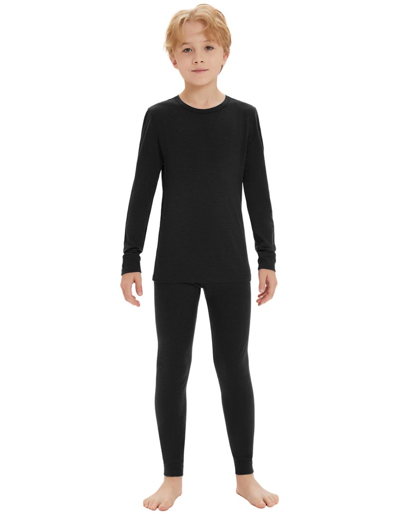 Iguana Unisex Kids 100% Merino Wool Base Layer Set Lightweight Thermal Underwear Sets for Girls and Boys Black 11-12 - Image 1