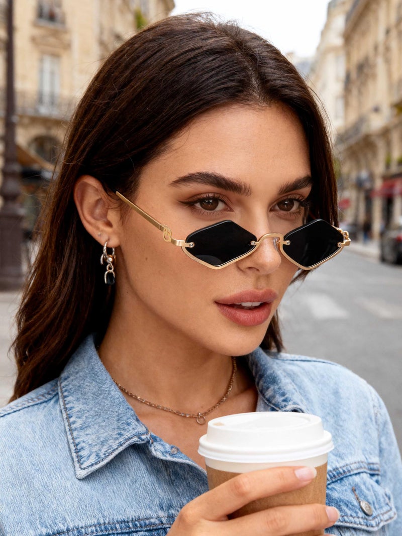 TYA Retro Y2k Sunglasses for Women,Trendy Semi-Rimless Sun Glasses Irregular Narrow Gold Sunnies UV400 - Image 2