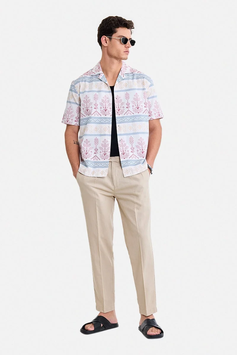 سنيتش White Geometric Half Sleeve Boxy Shirt