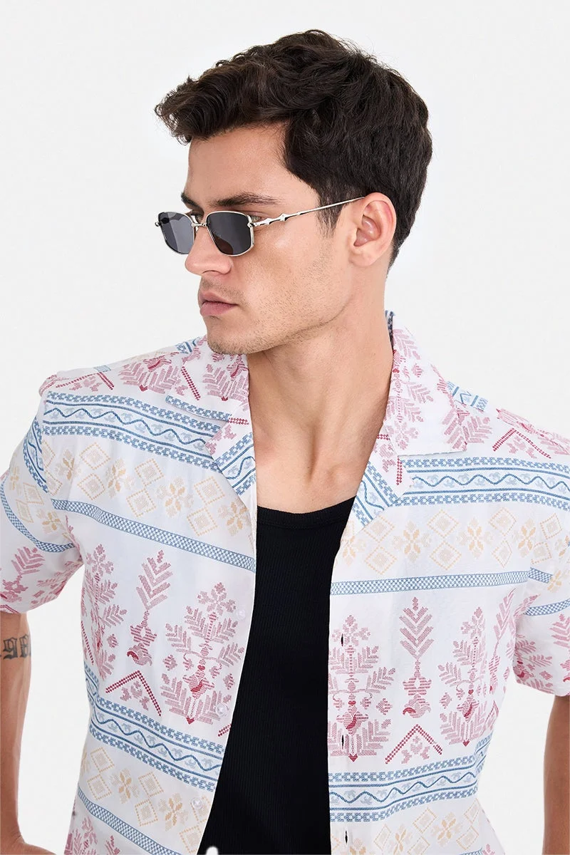 سنيتش White Geometric Half Sleeve Boxy Shirt