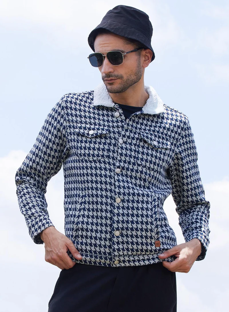 Campus Sutra Men's Navy Blue & Moon Grey Fleece Houndstooth Denim Jacket For Casual Wear | Spread Collar | Long Sleeve | Button Closure | Jacket Crafted With Comfort Fit For Everyday Wear