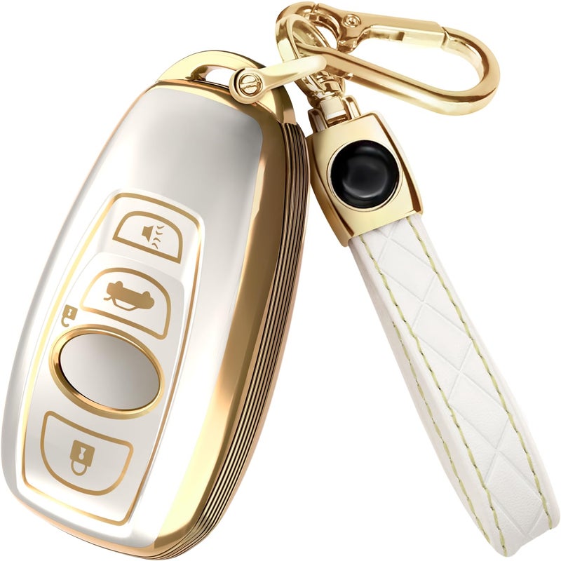 Lucrum Compatible with Subaru Key Fob Cover & Keychain, TPU Keyfob Case for Outback Crosstrek Forester Impreza Legacy STI WRX (2016-2025) - White and Gold - Image 1