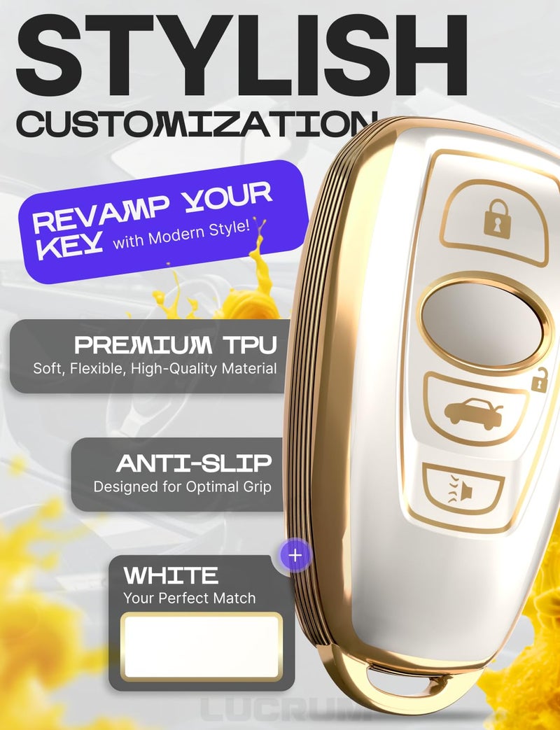Lucrum Compatible with Subaru Key Fob Cover & Keychain, TPU Keyfob Case for Outback Crosstrek Forester Impreza Legacy STI WRX (2016-2025) - White and Gold - Image 3