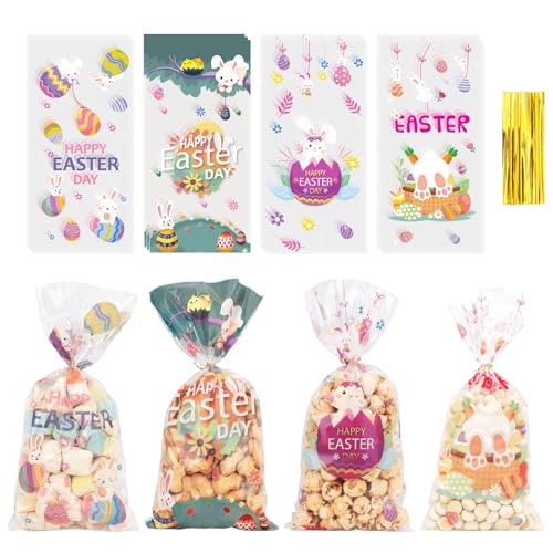 QIHOMPIB Easter Goodie Bags, 100 PCS Easter Cellophane Treat Bags, Easter Cookie Snack Candy Party Favor Ziplock Cookie Bags Holiday Candy Bags Easter Plastic Gift Bags for Gift Giving Easter Decorations - Image 1