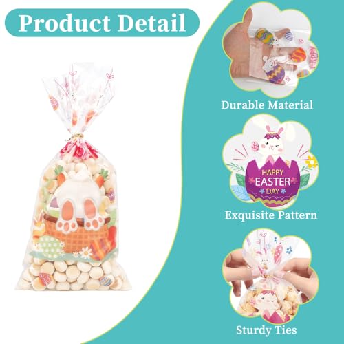 QIHOMPIB Easter Goodie Bags, 100 PCS Easter Cellophane Treat Bags, Easter Cookie Snack Candy Party Favor Ziplock Cookie Bags Holiday Candy Bags Easter Plastic Gift Bags for Gift Giving Easter Decorations - Image 2