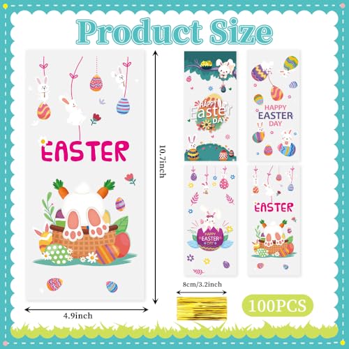 QIHOMPIB Easter Goodie Bags, 100 PCS Easter Cellophane Treat Bags, Easter Cookie Snack Candy Party Favor Ziplock Cookie Bags Holiday Candy Bags Easter Plastic Gift Bags for Gift Giving Easter Decorations - Image 3