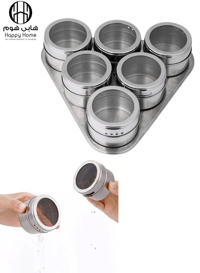 Happy Home 6-Piece Magnetic Spice Jars, Stainless Steel Magnetic Spice Container, Dust-Proof, Easy to Clean, Rust-Free Magnetic Spice Jars - Silver - Image 1
