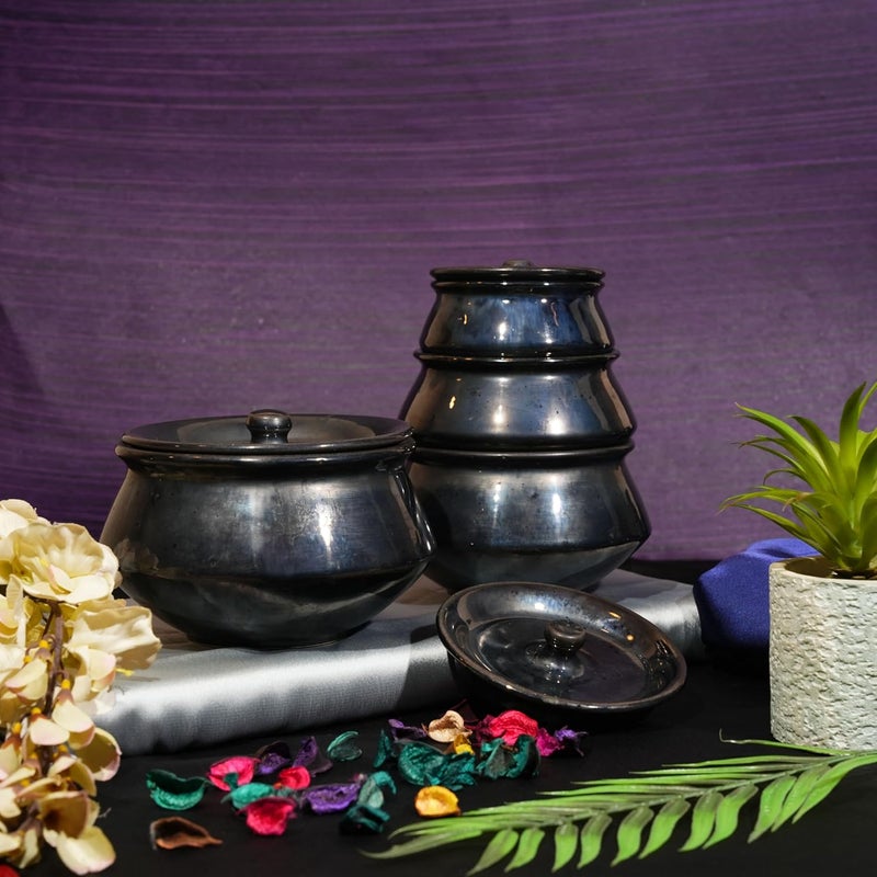 Caffeine Ceramic Handmade Black Ferrous Serving Handi with Lid Set of 4 - Image 1