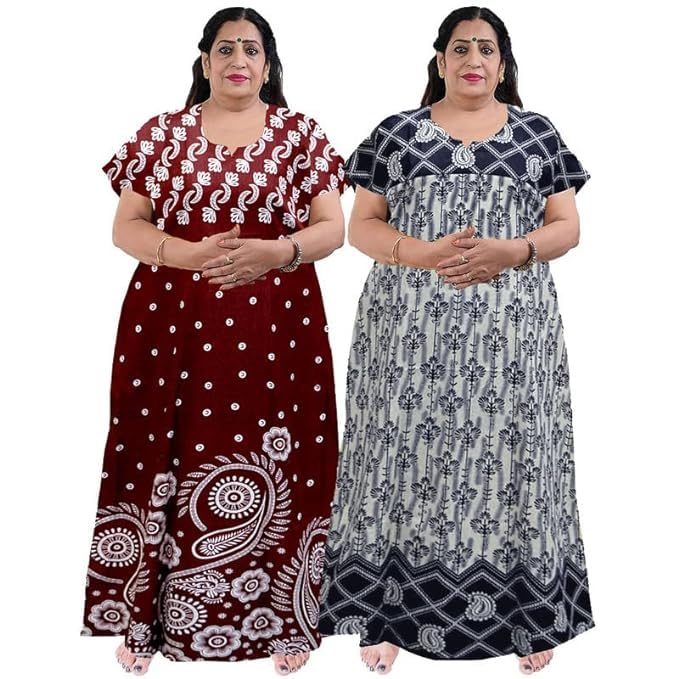 KBNBJ Nighty for Women Cotton Printed Maxi Gown Ankle Length Nighty Night Dress Gown for Women Maxi - Free Size (Free Size, Maroon&Blk) - Image 5