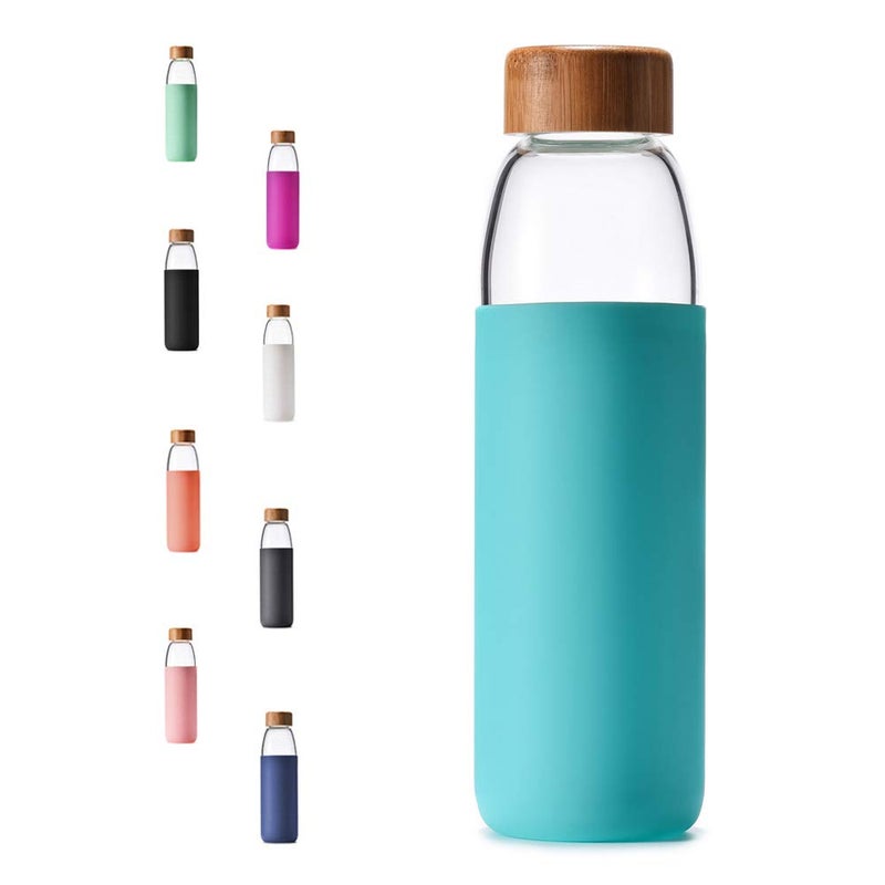 veegoal 18 Oz Borosilicate Glass Water Bottles with Bamboo Lid BPAFREE NonSlip Silicone Sleeve and Stainless Steel Leak Proof Lid  Reusable Glass Bottle for Men and Women