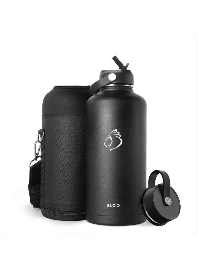 BUZIO زجاجة مياه معزولة بالفراغ من الفولاذ المقاوم للصدأ سعة 87 أونصة (باردة لمدة 48 ساعة/ساخنة لمدة 24 ساعة) كوب/قارورة للسفر بجدار مزدوج وخالية من مادة BPA سعة نصف جالون للرياضة الخارجية والمشي لمسافات طويلة والتخييم والجري باللون الأسود - Image 1