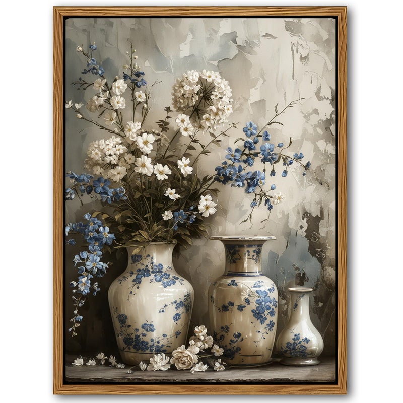 Floating Framed Farmhouse Floral Canvas Wall Art Vintage Blue and White Flower Pictures Wall Decor Elegant Art Jar Posters Print for Living Room Bedroom Bathroom Rustic Decor 8x10 inch