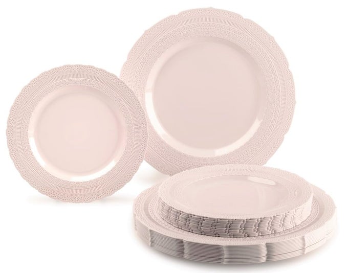 OCCASIONS 50 PLATES PACK 25 GUESTSEXTRA HEAVYWEIGHT VINTAGE WEDDING DISPOSABLEREUSABLE PLASTIC PLATES 25 X 11 DINNER 25 X 825 SALADDESSERT CHATEAU BLUSH PINK