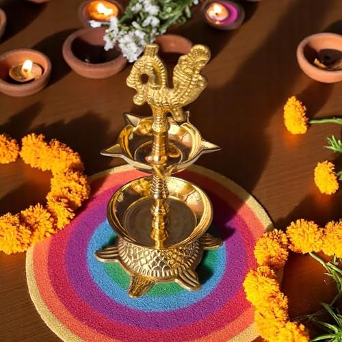 RAISOM Kerala Brass Peacock Head Tortoise Panchmukhi Diya for Pooja with Flower Holder | Small Size Kachua Kuthu Vilakku, Brass Diya for Pooja and Home, Office & Gifting | 6 Inches, 275 Grams - Image 4