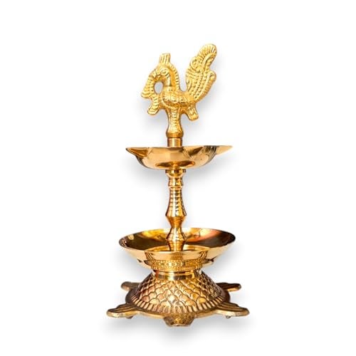 RAISOM Kerala Brass Peacock Head Tortoise Panchmukhi Diya for Pooja with Flower Holder | Small Size Kachua Kuthu Vilakku, Brass Diya for Pooja and Home, Office & Gifting | 6 Inches, 275 Grams - Image 1