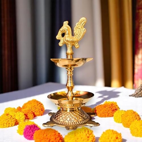 RAISOM Kerala Brass Peacock Head Tortoise Panchmukhi Diya for Pooja with Flower Holder | Small Size Kachua Kuthu Vilakku, Brass Diya for Pooja and Home, Office & Gifting | 6 Inches, 275 Grams - Image 5