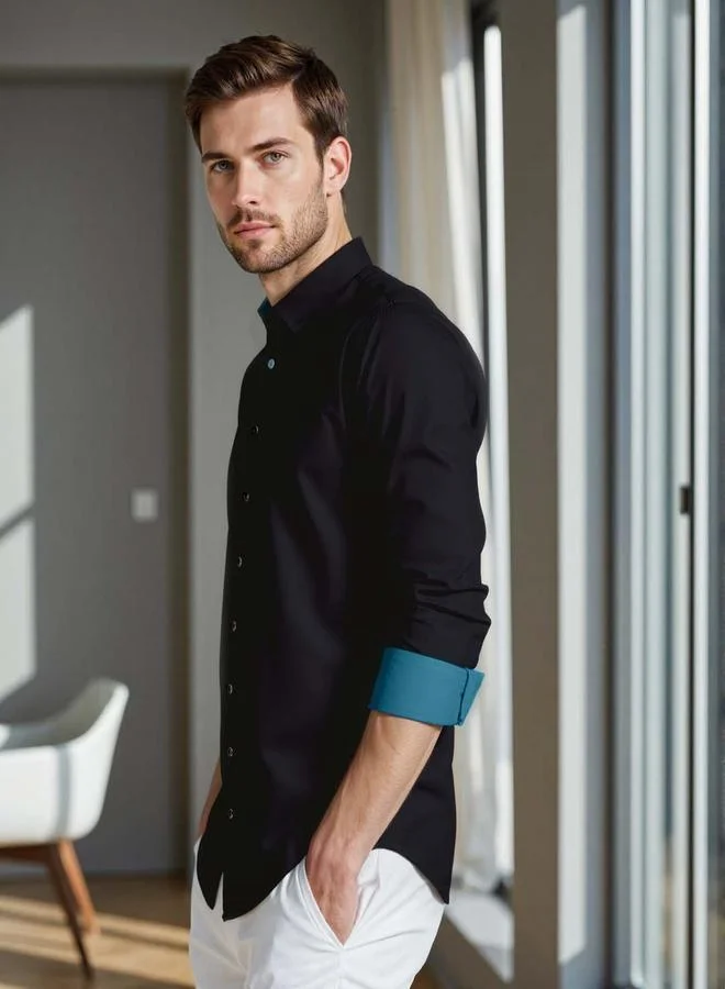 دينيس لينغو قميص رجالي أسود قطن سادة بأزرار مقاس عادي