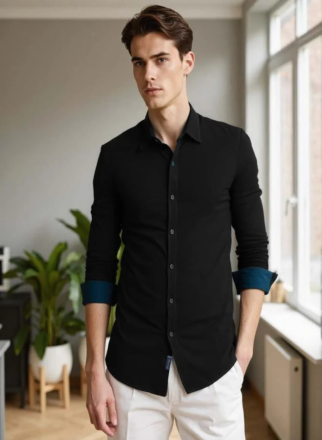 دينيس لينغو قميص رجالي أسود قطن سادة بأزرار مقاس عادي